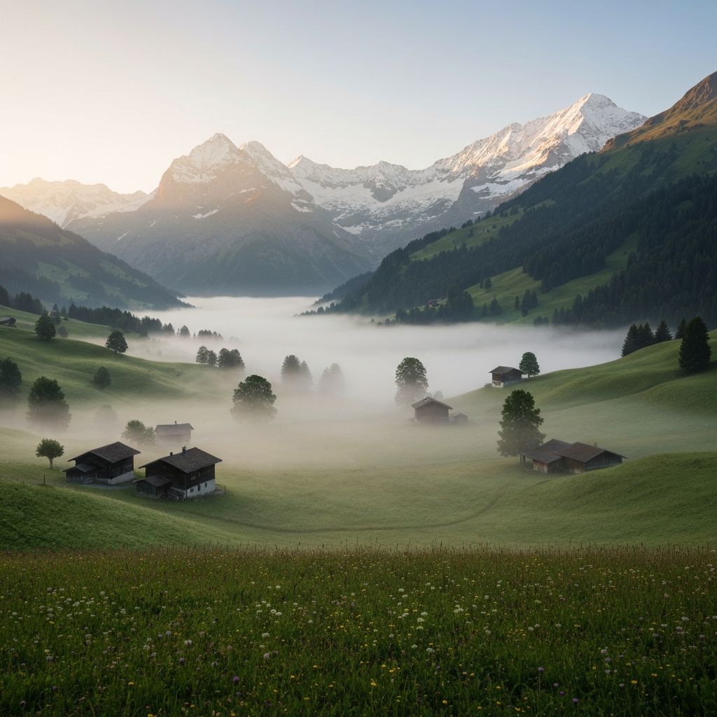 Morgennebel über alpinen Wiesen